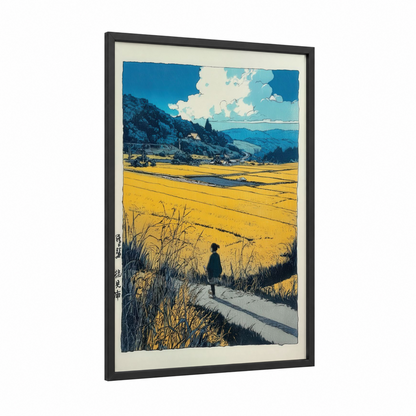 Golden Field Wanderer framed various landscapes print — black wood frame — gold and blue palette