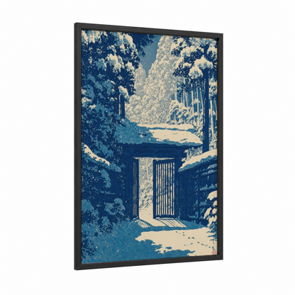 Snowy Gateway framed art print — black wood frame — blue and white and cream palette