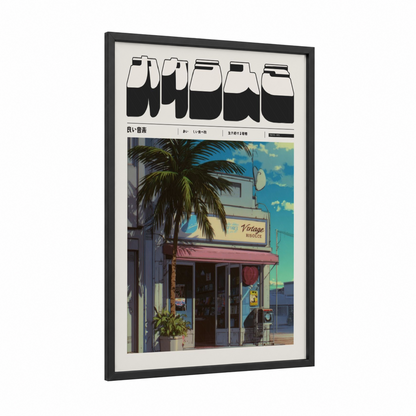 Vintage Cafe Anime framed anime and manga print — black wood frame — blue and cream palette