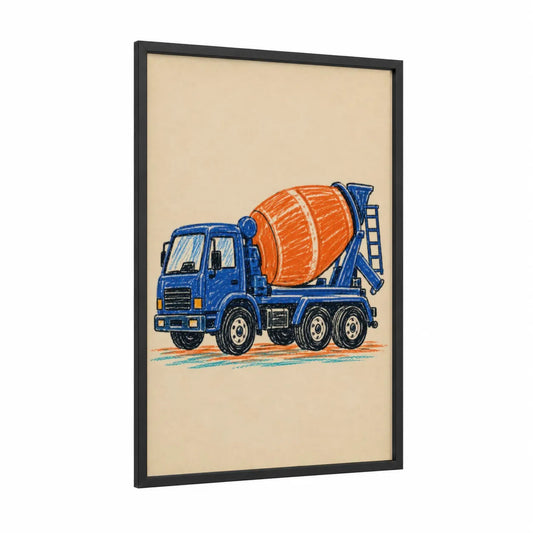 Blue Cement Mixer Truck Wall Art framed art print — black wood frame — blue and orange palette