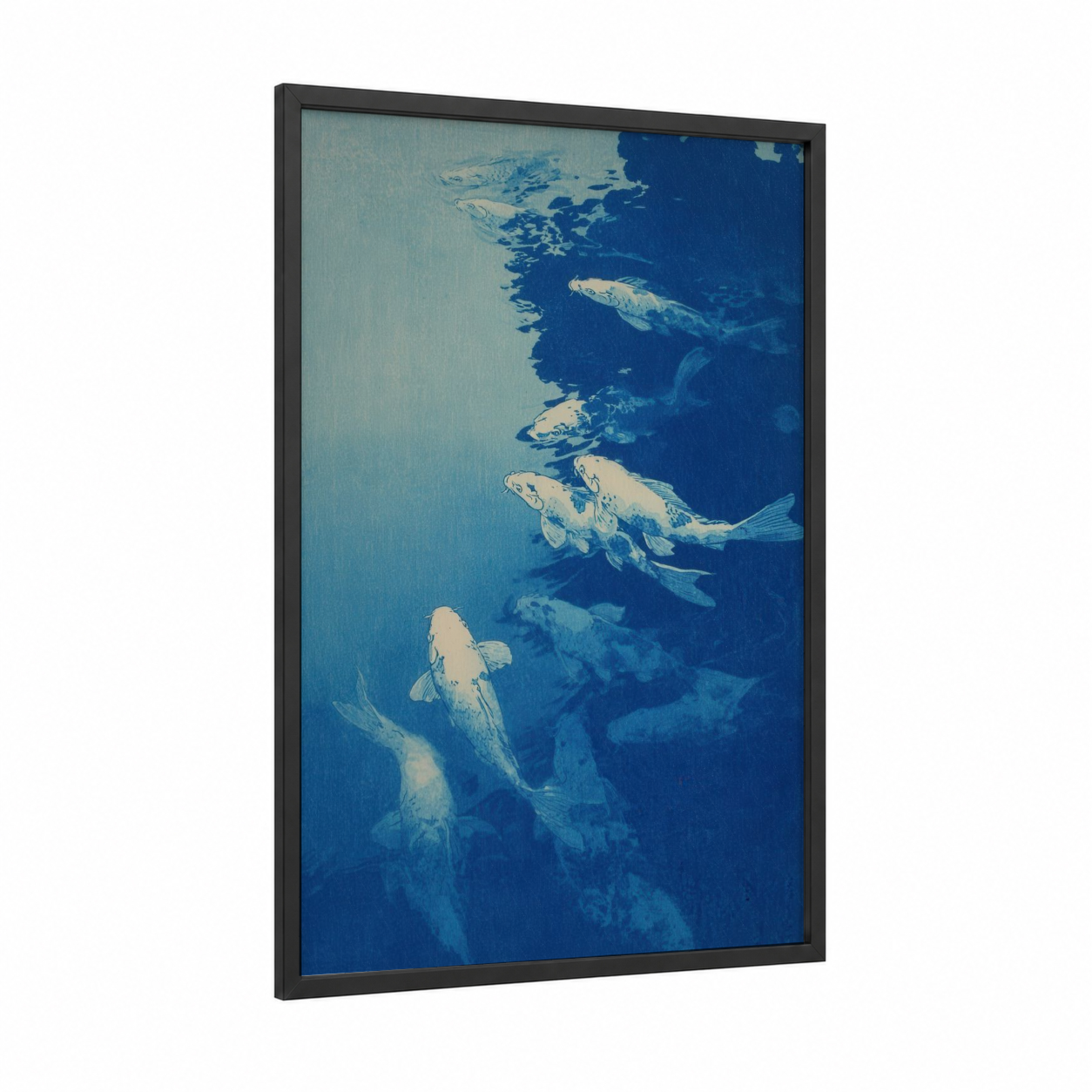 Ethereal Koi School framed koi fish print — black wood frame — blue and cream palette