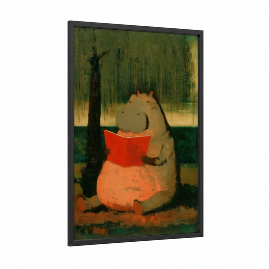 Reading Hippo framed art print — black wood frame — green and gold palette
