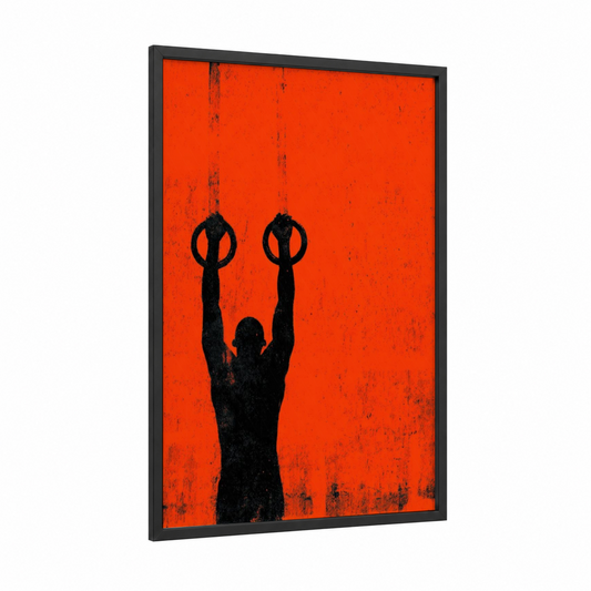 Victory Lift framed gymnastics print — black wood frame — orange and black palette