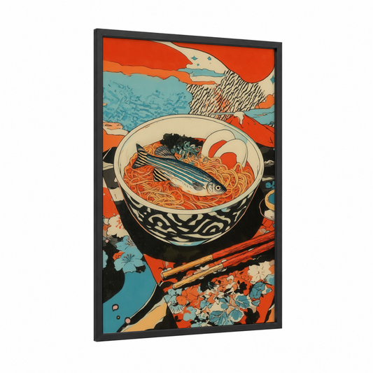 Noodle Bowl Zebrafish framed art print — black wood frame — orange and teal palette