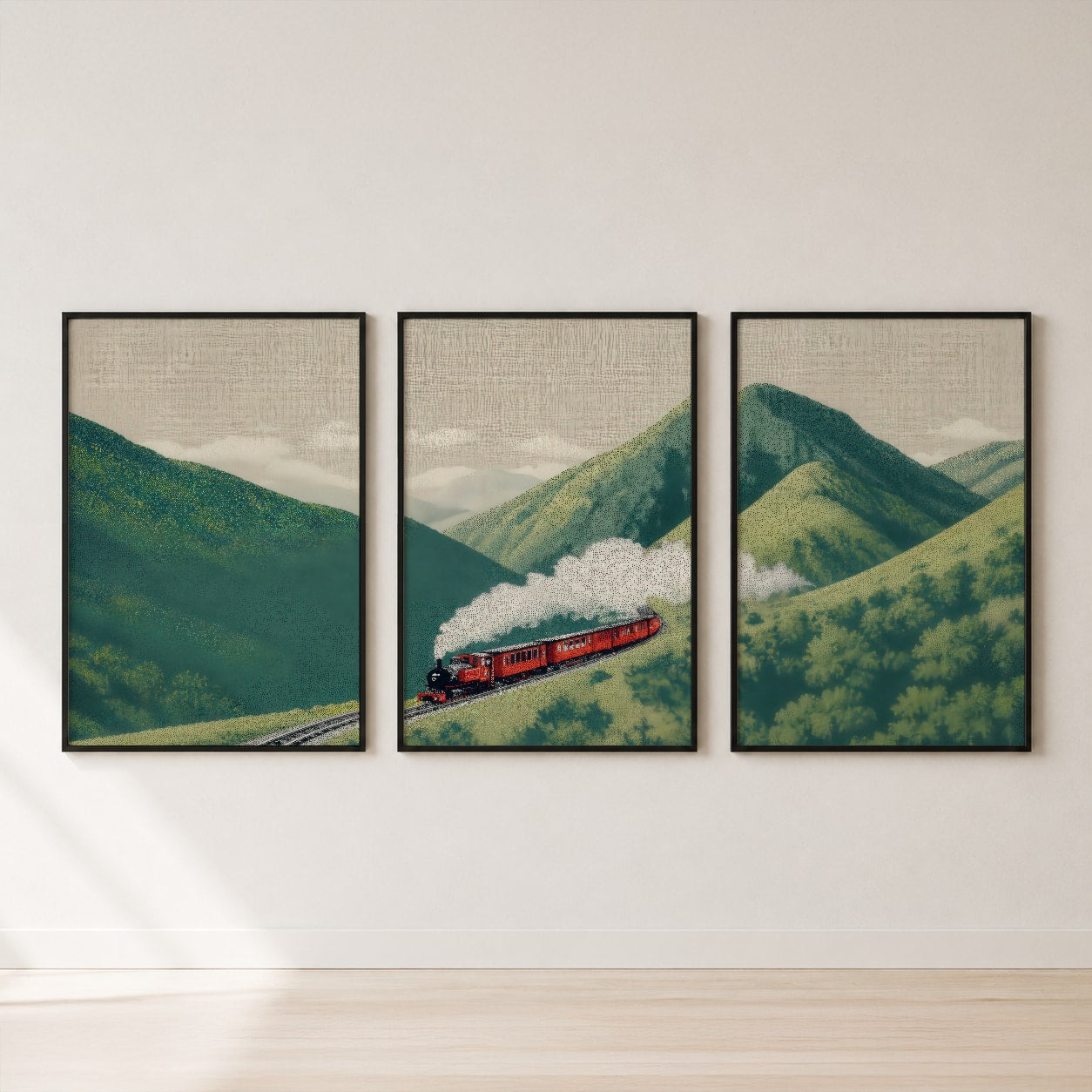 Vintage Mountain Train Triptych Wall Art Set — set hero