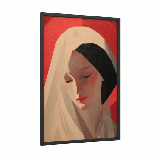 Serene Virgin Mary framed art print — black wood frame — red and cream palette