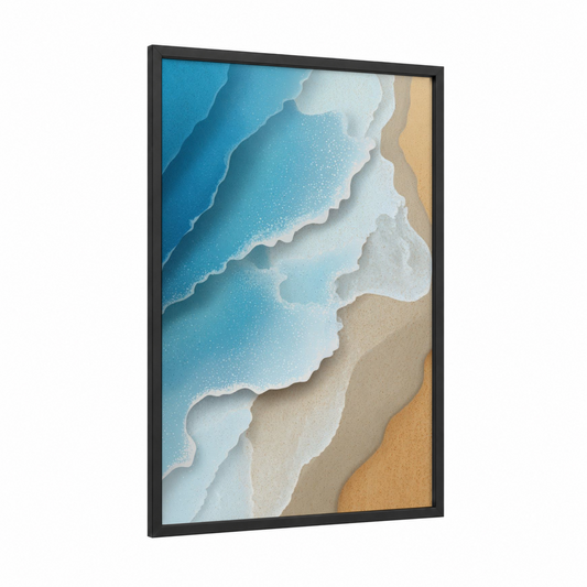 Aerial Sandy Beach framed art print — black wood frame — aquamarine and beige palette