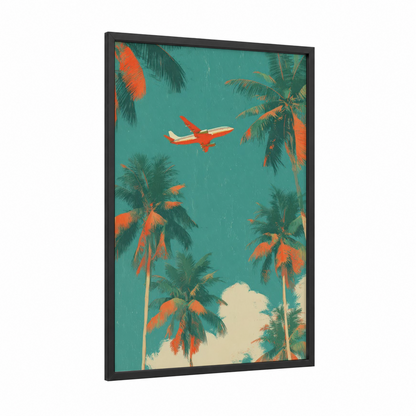 Tropical Getaway framed commercial plane print — black wood frame — teal and orange palette
