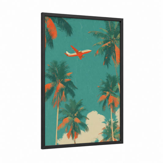 Tropical Getaway framed commercial plane print — black wood frame — teal and orange palette