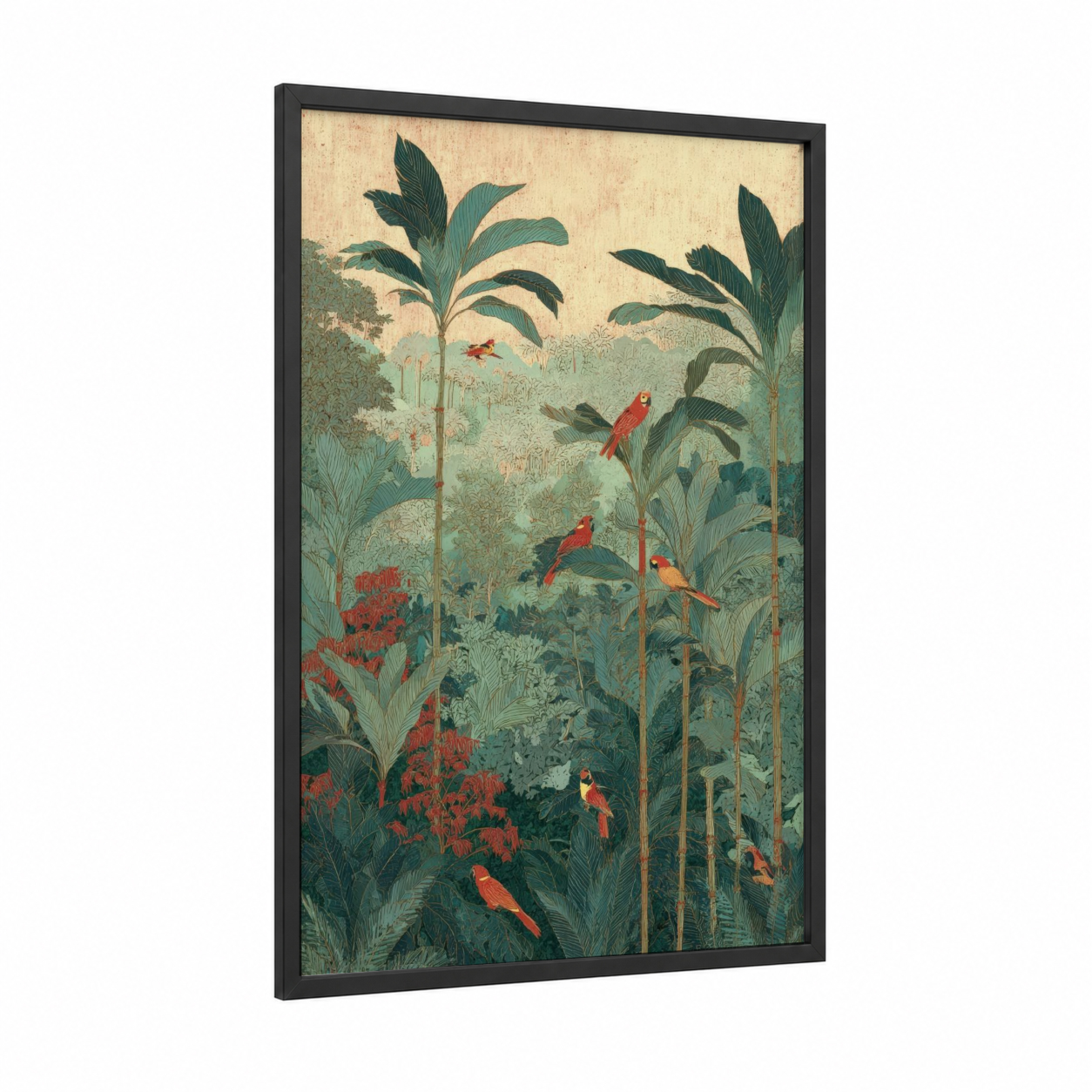 Tropical Parrot Paradise framed palm forest print — black wood frame — sage green and cream palette
