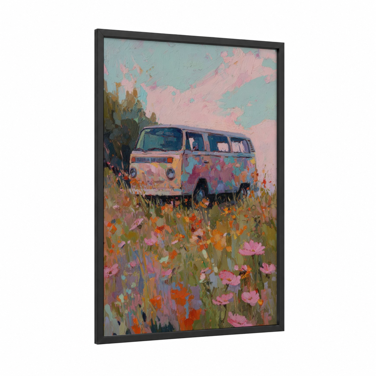 Wildflower Van framed art print — black wood frame — pink and blue palette