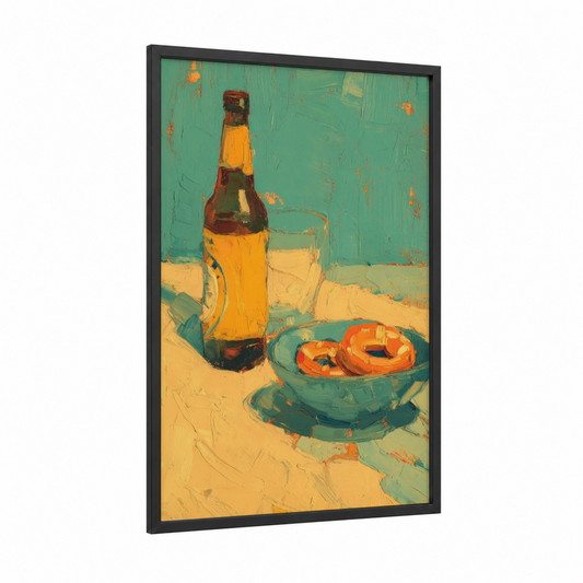 Golden Beer Moment framed art print — black wood frame — gold and teal palette