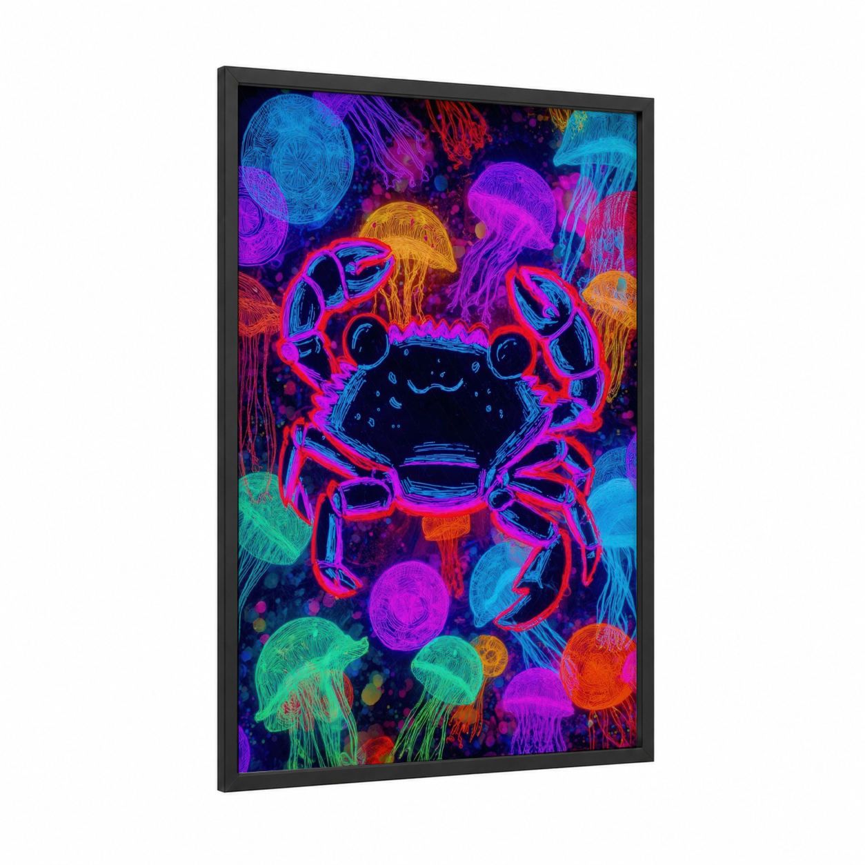 Neon Crab framed art print — black wood frame — magenta and blue palette