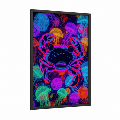 Neon Crab framed art print — black wood frame — magenta and blue palette
