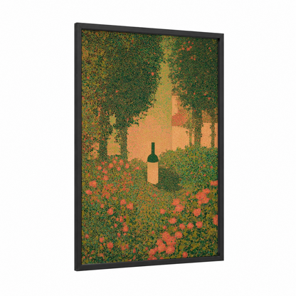 Vineyard Romance framed rose wine print — black wood frame — gold and true green palette