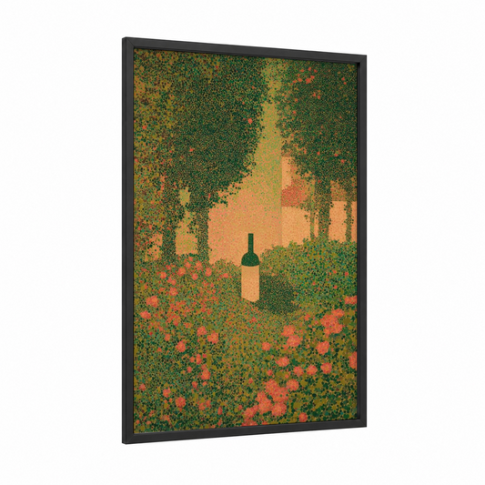 Vineyard Romance framed rose wine print — black wood frame — gold and true green palette