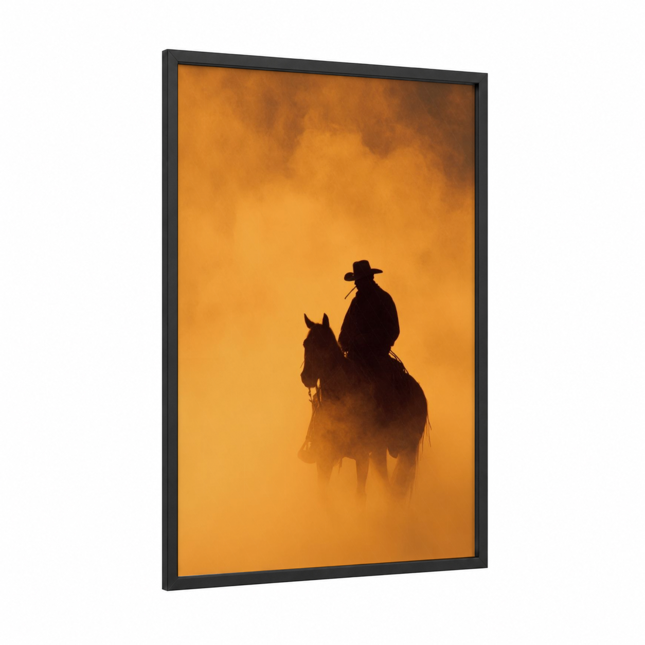 Dusty Cowboy Silhouette framed smoke print — black wood frame — orange and black palette