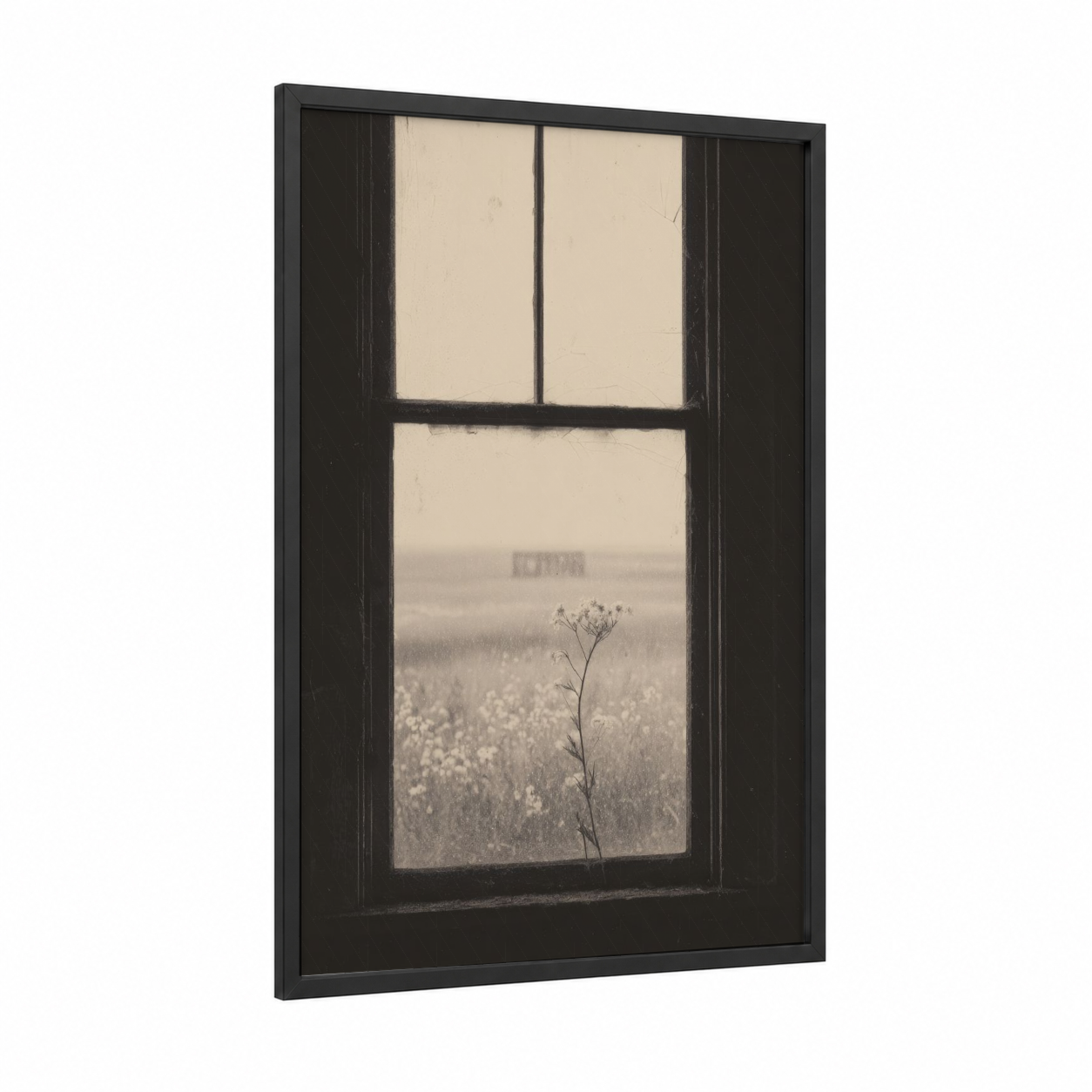 Misty Field Window framed art print — black wood frame — cream and black and white palette