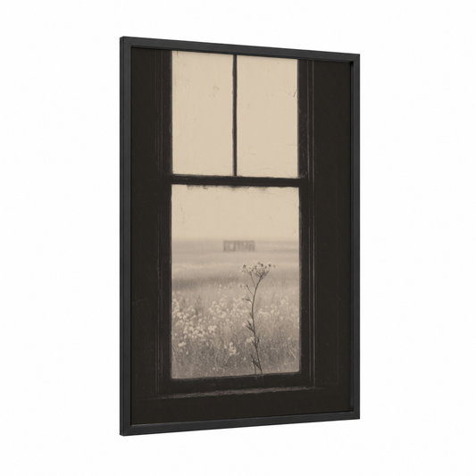 Misty Field Window framed art print — black wood frame — cream and black and white palette