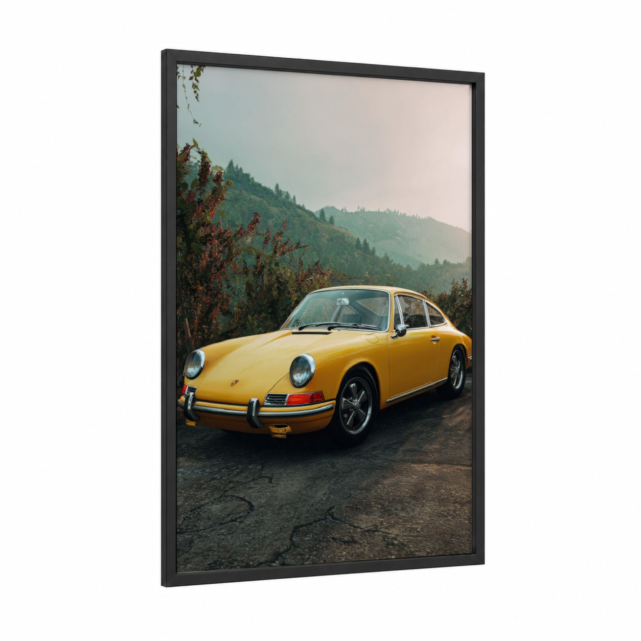 Golden Mountain Sports Car framed art print — black wood frame — yellow gold and gray palette