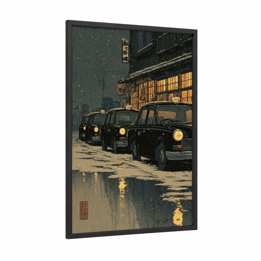 Rainy Tokyo Taxis framed taxi cab print — black wood frame — dark blue and gold palette