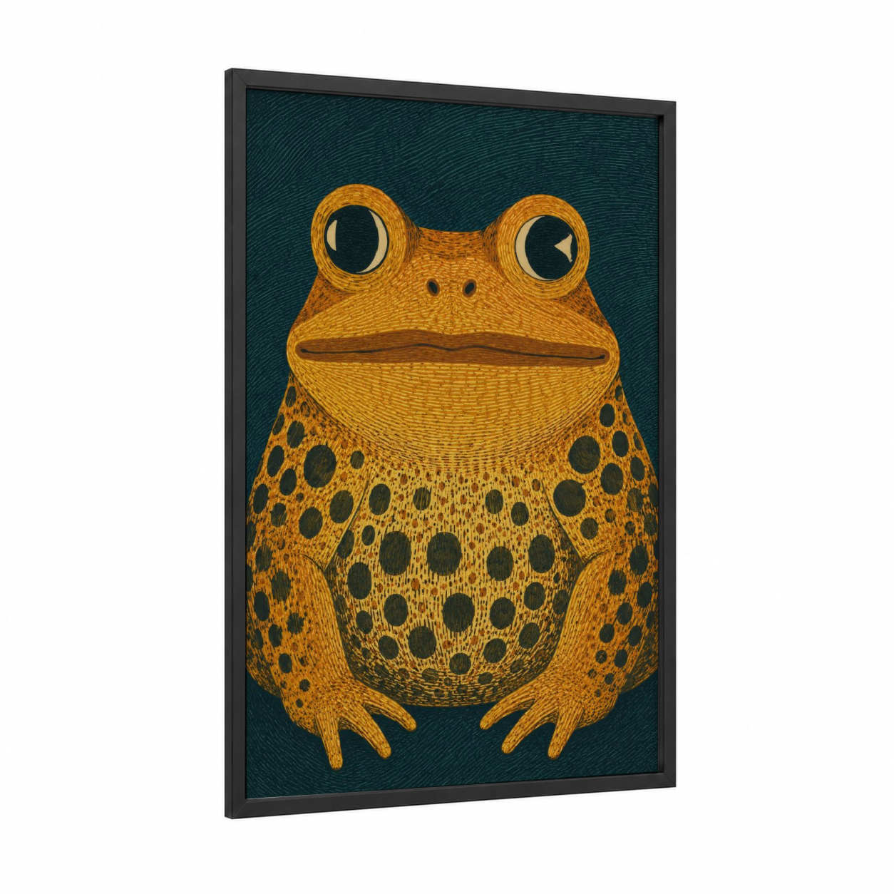 Golden Frog Illustration Wall Art framed frogs and toads print — black wood frame — gold and teal palette