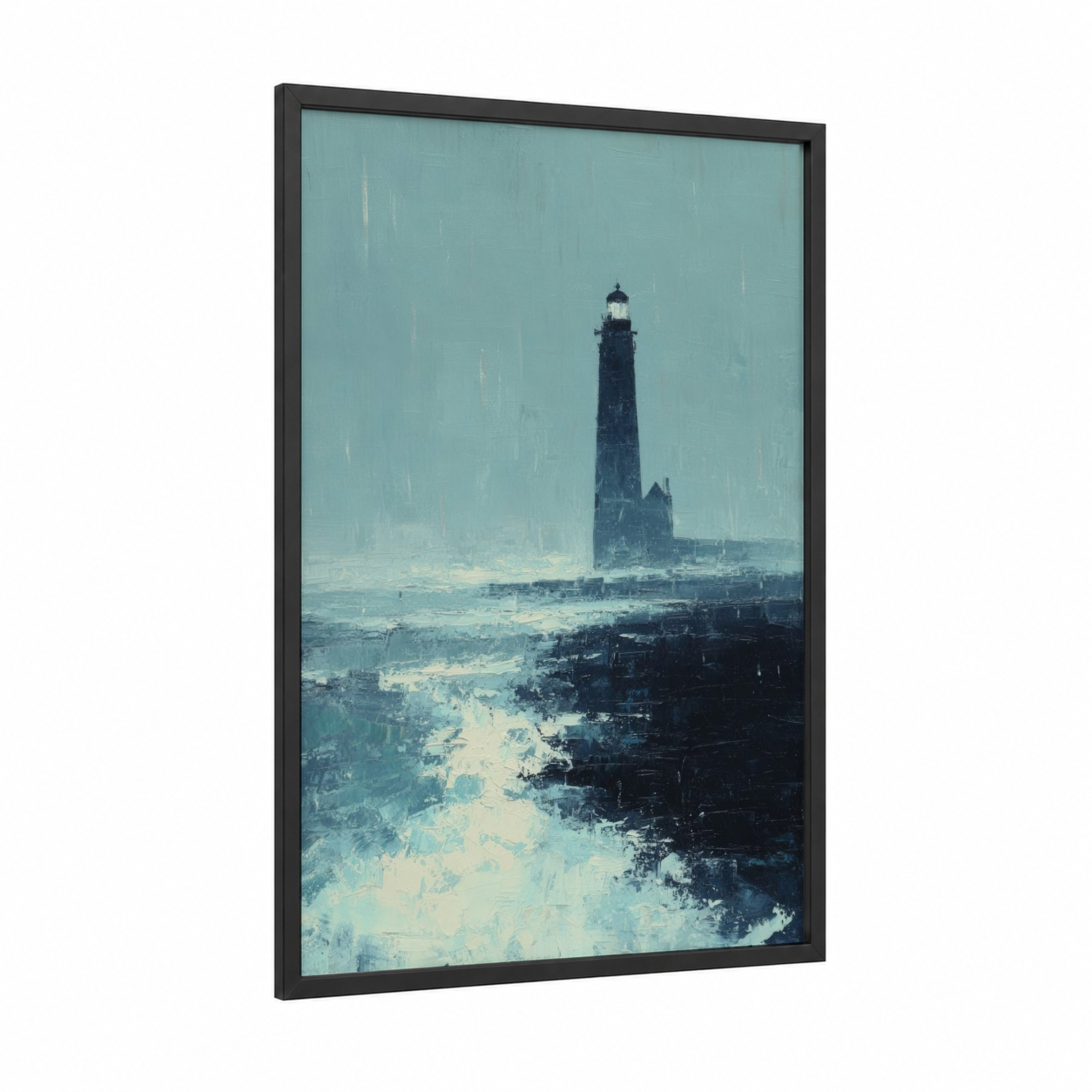 Stormy Lighthouse framed art print — black wood frame — teal and black and white palette