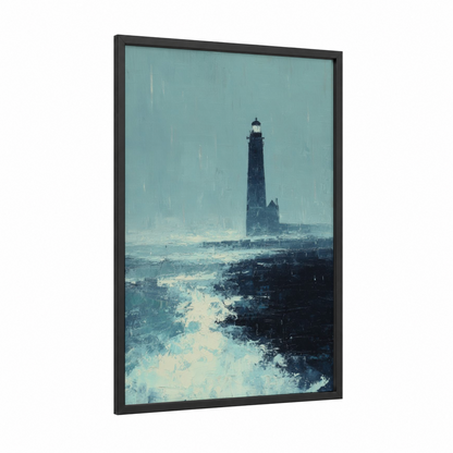 Stormy Lighthouse framed art print — black wood frame — teal and black and white palette