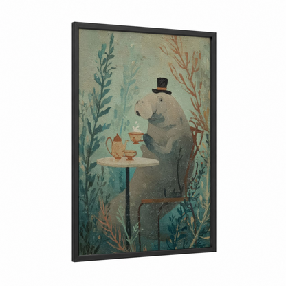Genteel Manatee framed manatees print — black wood frame — teal and cream palette