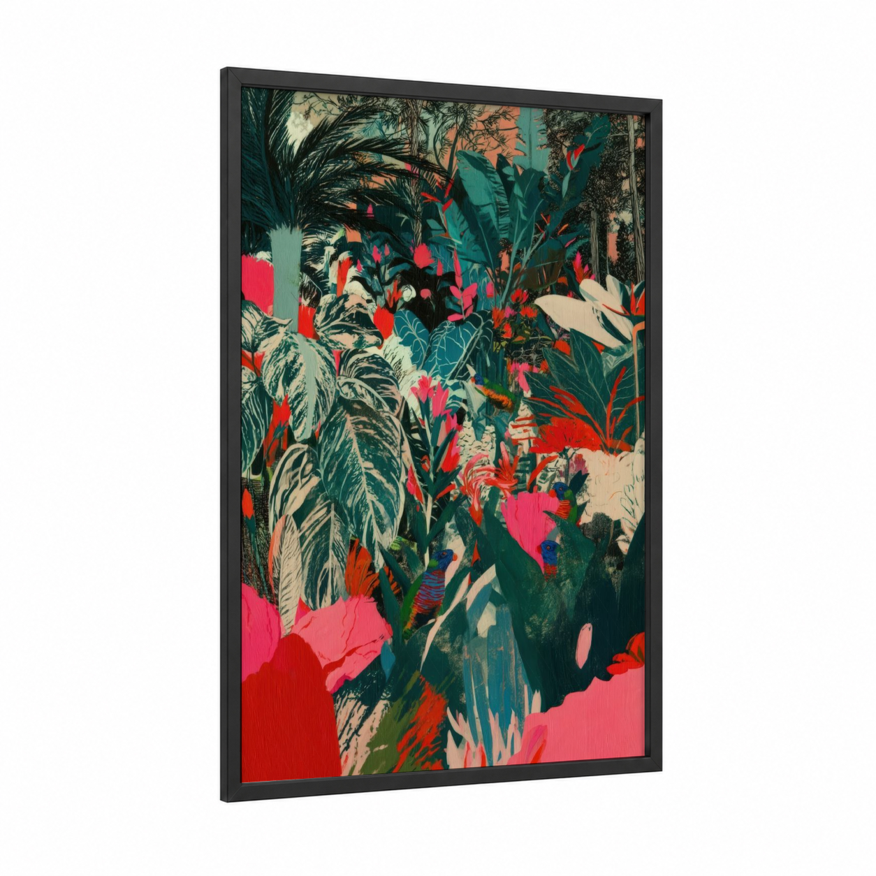 Tropical Lorikeet Garden framed rainbow lorikeet print — black wood frame — teal and red palette
