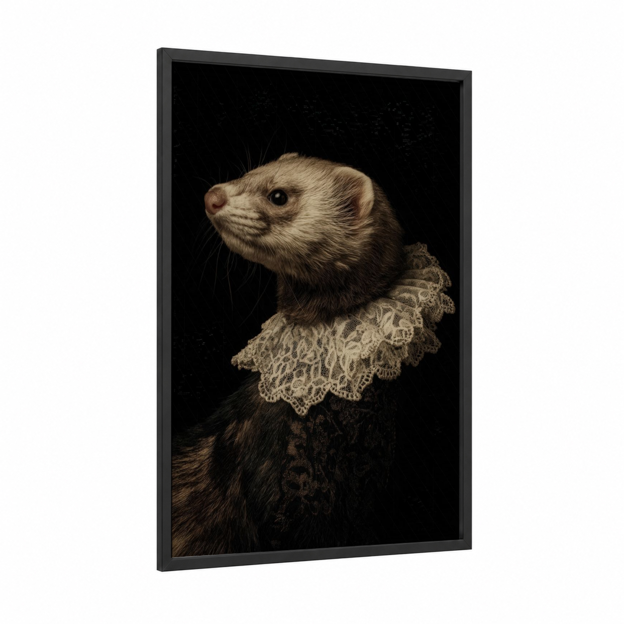 Victorian Weasel framed art print — black wood frame — black and white and brown palette