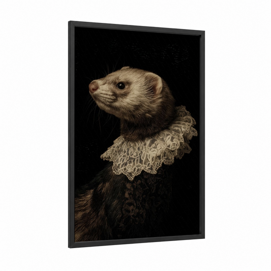 Victorian Weasel framed art print — black wood frame — black and white and brown palette