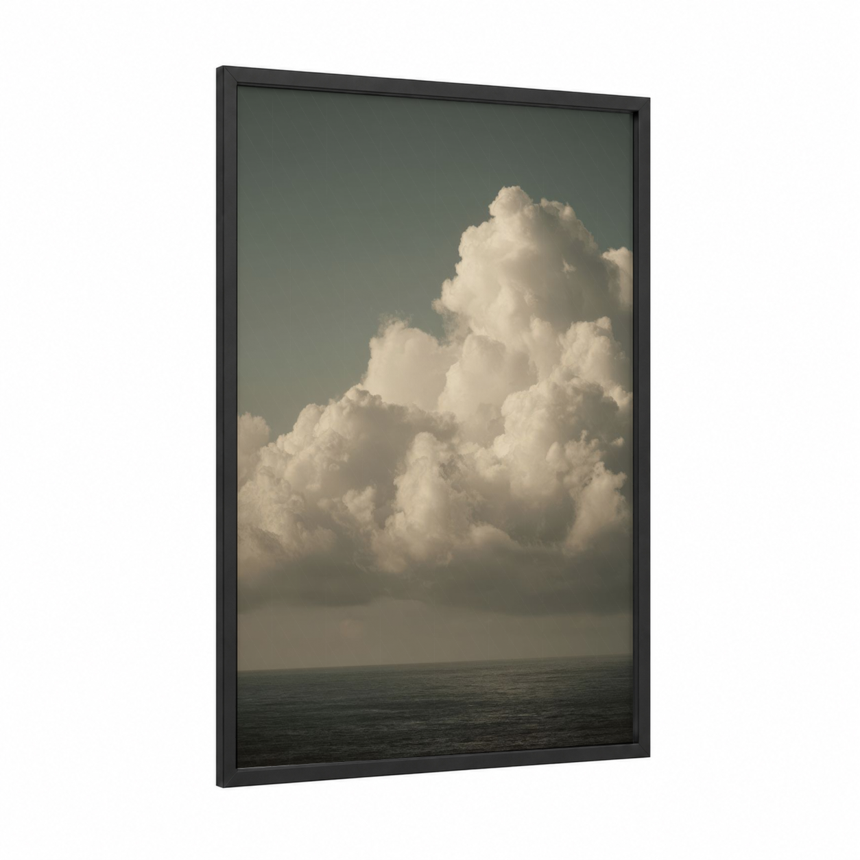 Towering Morning Clouds framed morning sky print — black wood frame — sage green and white palette