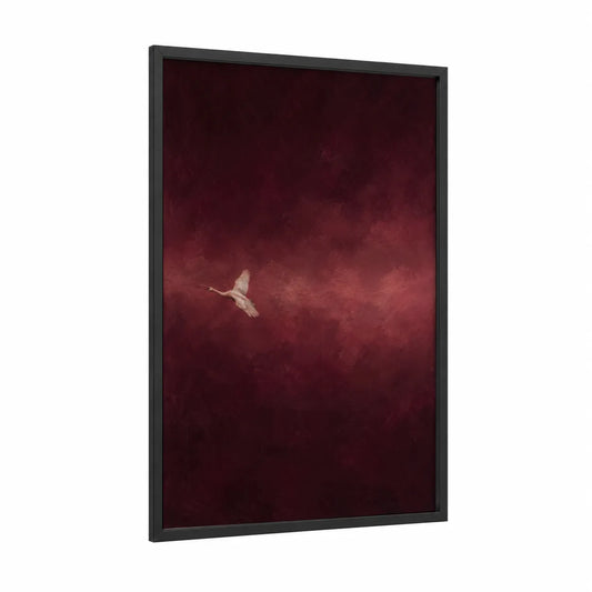 Solitary Swan in Crimson Sky Wall Art framed art print — black wood frame — maroon and cream palette