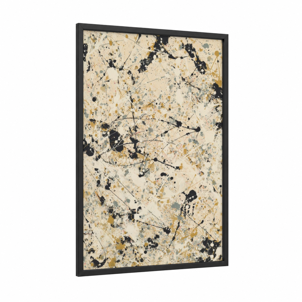 Splattered Composition framed abstract expressionism print — black wood frame — cream and black and gold palette