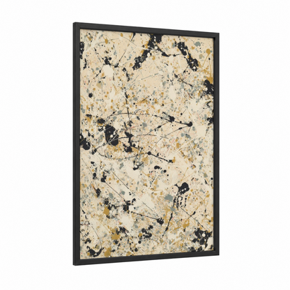 Splattered Composition framed abstract expressionism print — black wood frame — cream and black and gold palette