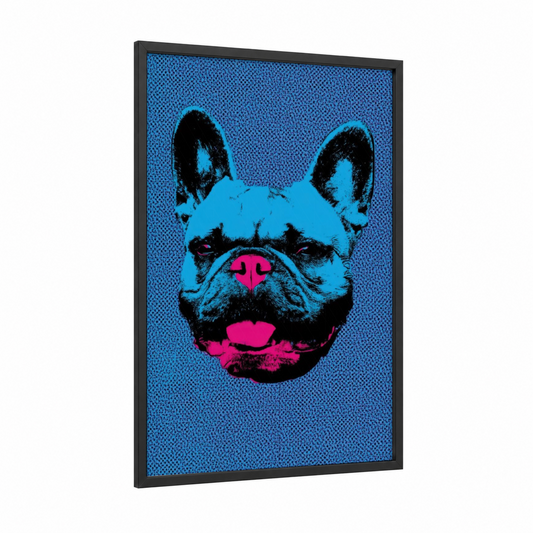 Pop Art Bulldog framed art print — black wood frame — blue and magenta palette