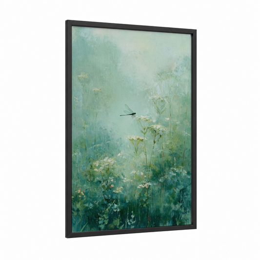 Misty Dragonfly framed art print — black wood frame — light green and white palette