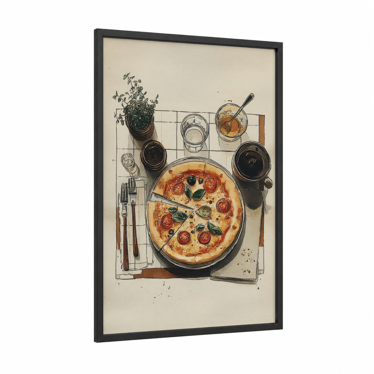 Margherita Flatlay framed fast food print — black wood frame — cream and black and white palette