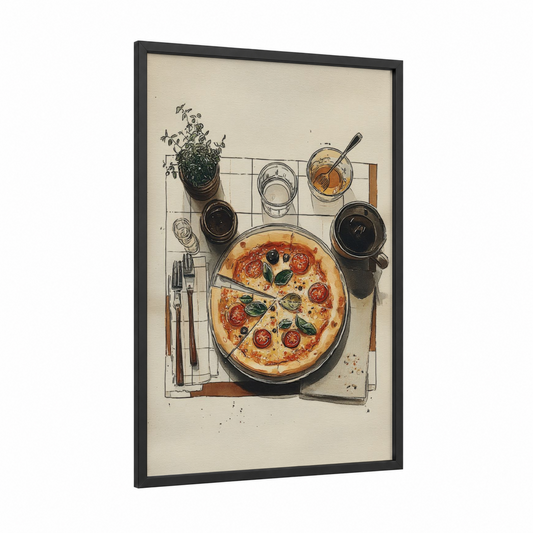 Margherita Flatlay framed fast food print — black wood frame — cream and black and white palette