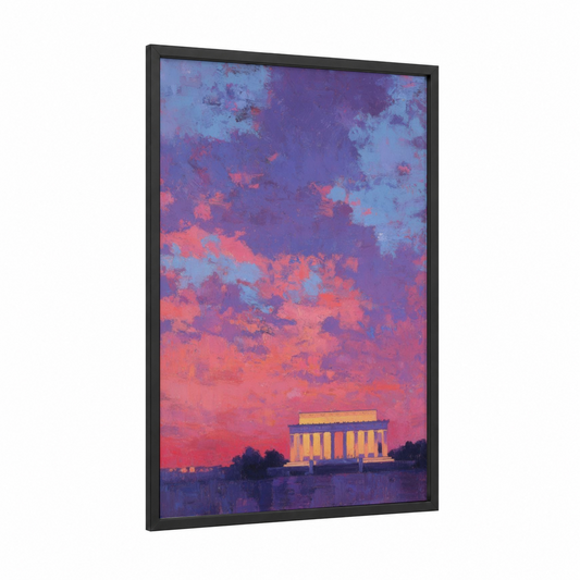 Twilight Memorial framed lincoln memorial print — black wood frame — purple and salmon pink palette