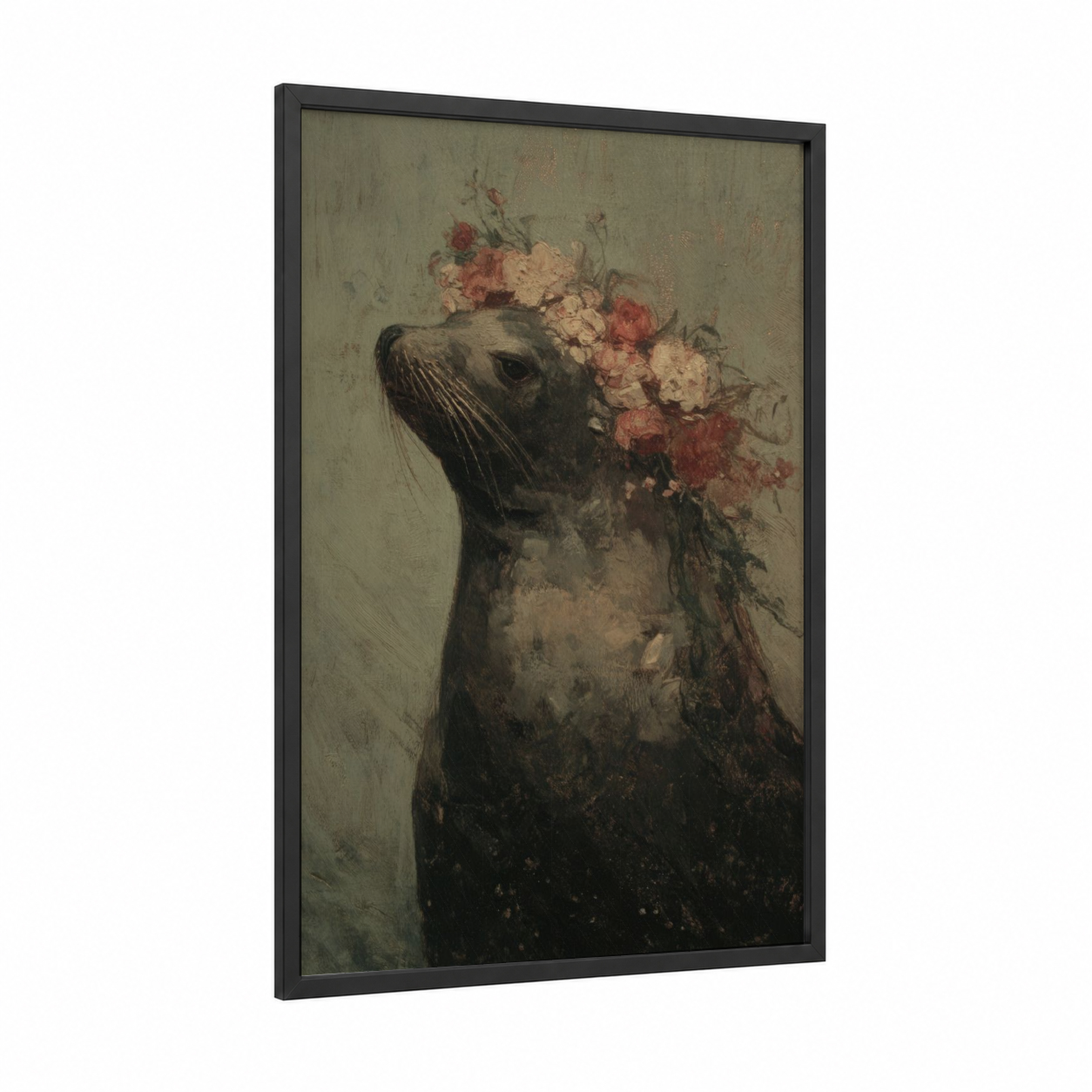 Floral Sea Lion framed art print — black wood frame — beige and russet palette
