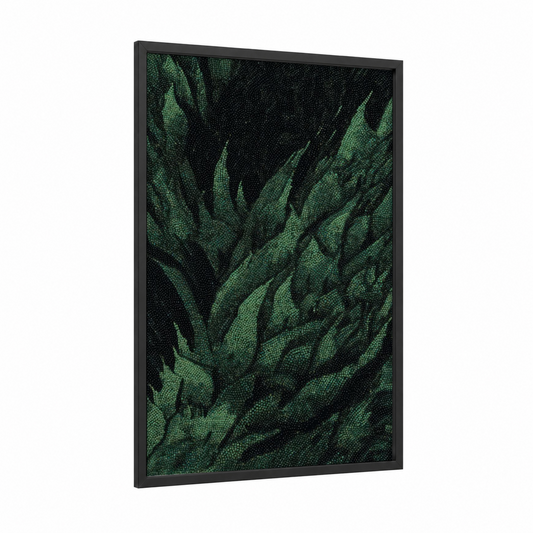 Emerald Beadwork framed art print — black wood frame — dark green and black palette