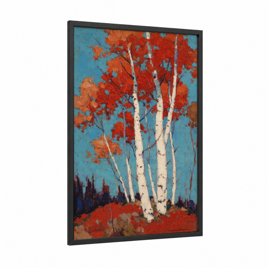 Autumn Birch Grove framed birch tree print — black wood frame — red and blue palette