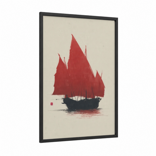 Crimson Sail Ship framed old ships print — black wood frame — red and black and white palette