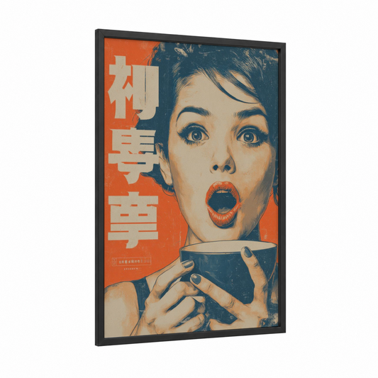 Café Surprise Woman framed vintage japanese ads print — black wood frame — orange and dark blue palette