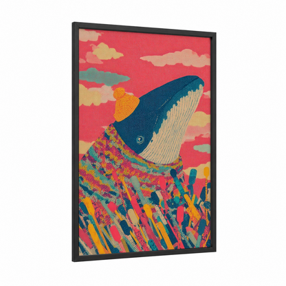 Coral Whale framed blue whale print — black wood frame — blue and gold palette