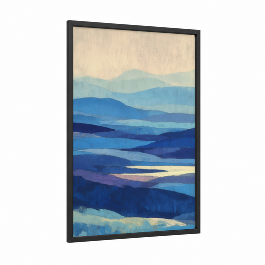 Misty Ridge Layers framed blue ridge mountains print — black wood frame — blue and cream palette