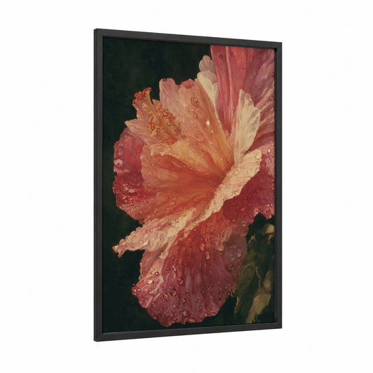 Coral Hibiscus Bloom framed art print — black wood frame — salmon pink and cream palette