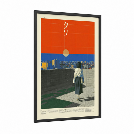 Urban Sunset Reverie framed japanese y2k print — black wood frame — russet and blue and gold palette